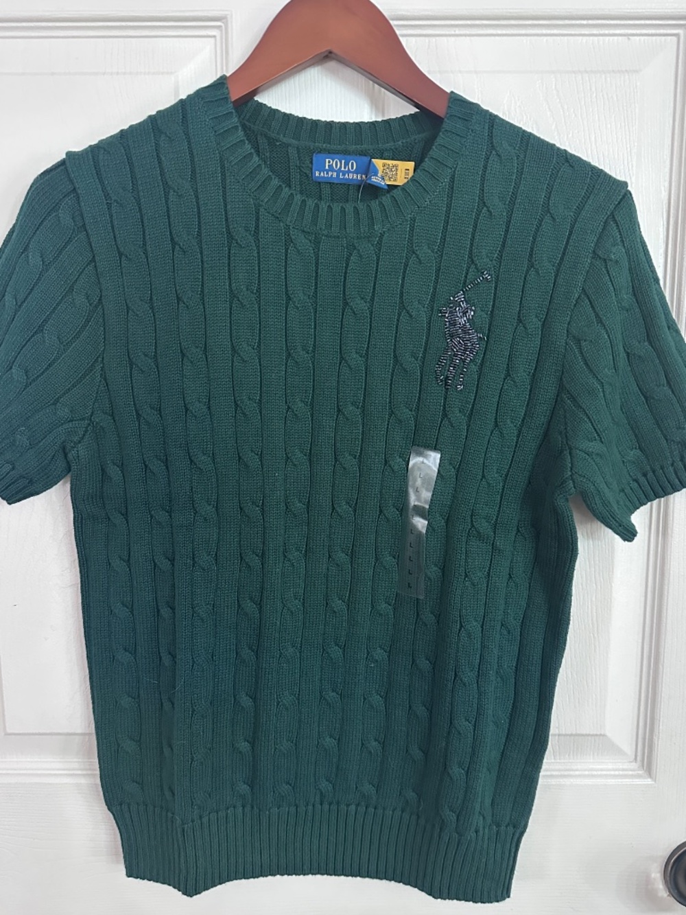 NWT Polo Ralph Lauren Retired Beaded Big Pony Cable Knit Short Sleeve Sweater L - Picture 2 of 11